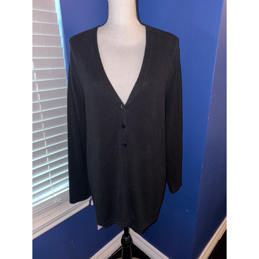 J.Jill Long Line Linen Blend Sweater Black 3 Button XL Petite EUC